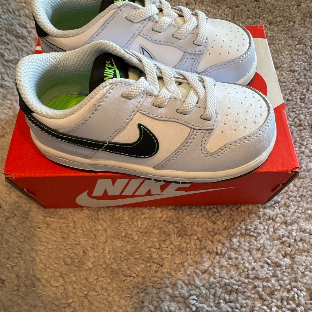 New! Toddler Nike Dunk Low White/ Black -Football Grey with Green Accents